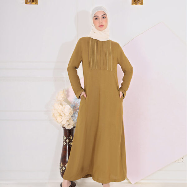 Front view of olive green pintuck abaya – modest abaya design