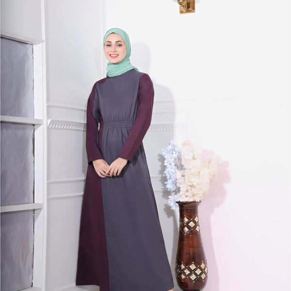 Front view of plush plum and blue jilbab – modest abaya design