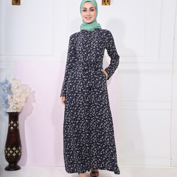 Front view of blue paisley printed abaya – modest abaya design