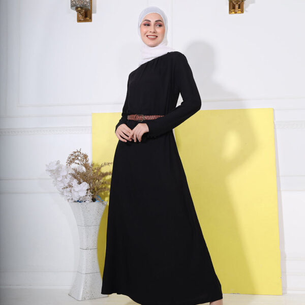 Front view of rich black smart belted abaya – modest abaya design