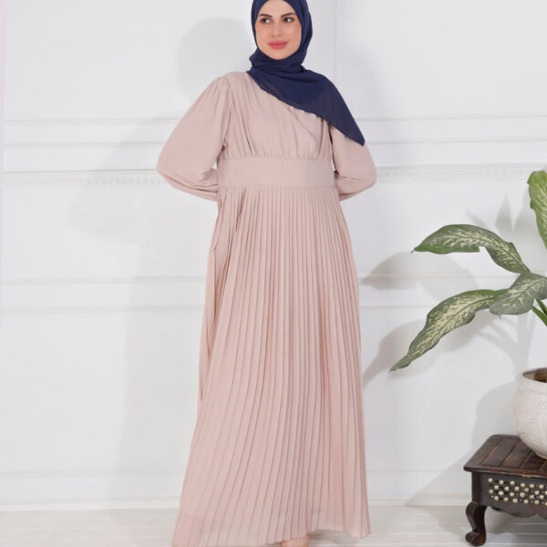 Front view of dusty peach pleated abaya – modest abaya design