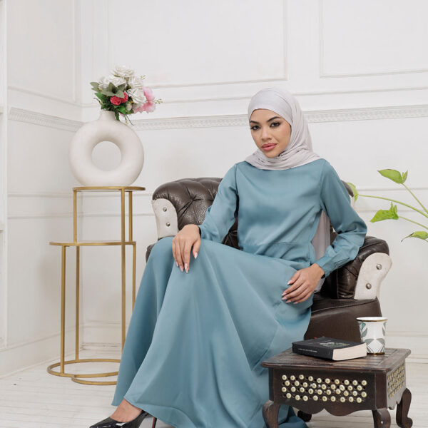 Front view of ocean adventure flared maxi dress – modest abaya design