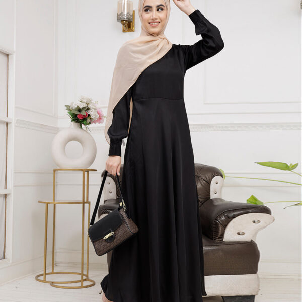 Front view of midnight black flared maxi dress – modest abaya design
