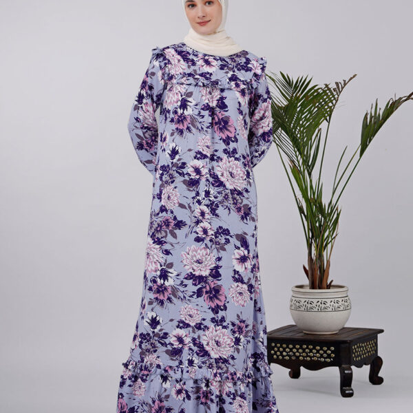 Front view of puffed shoulderf loral print  abaya - rust – modest abaya design