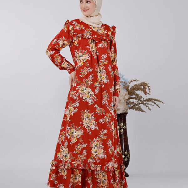 Front view of puffed shoulder floral print abaya - lavender – modest abaya design