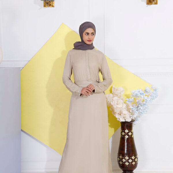 Front view of sepia hue belted jilbab – modest abaya design