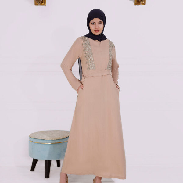 Front view of khaki brown embroidered abaya – modest abaya design