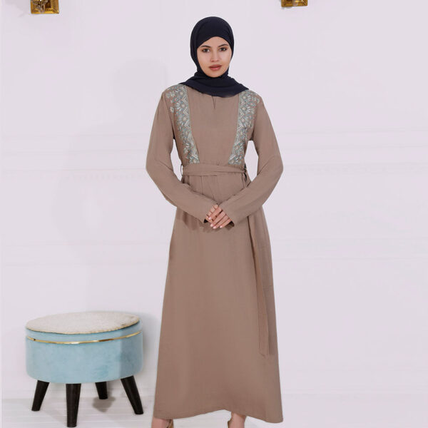 Front view of british tan embroidered abaya – modest abaya design