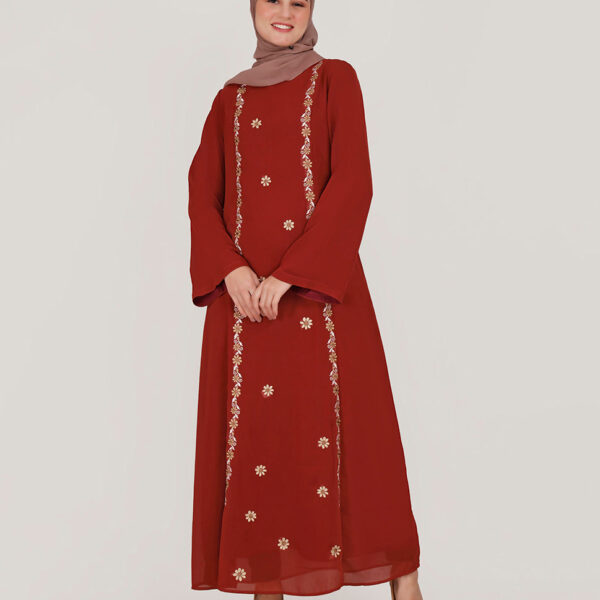 Front view of royal rust fine embroidery abaya – modest abaya design