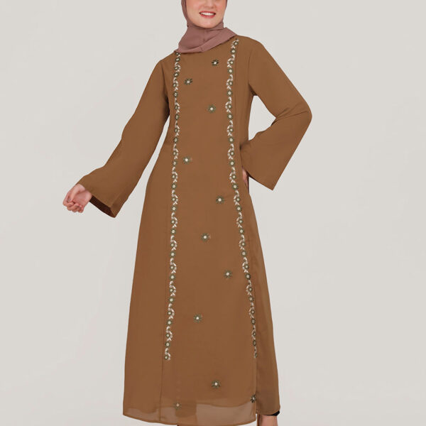 Front view of ripe olive fine embroidery abaya – modest abaya design