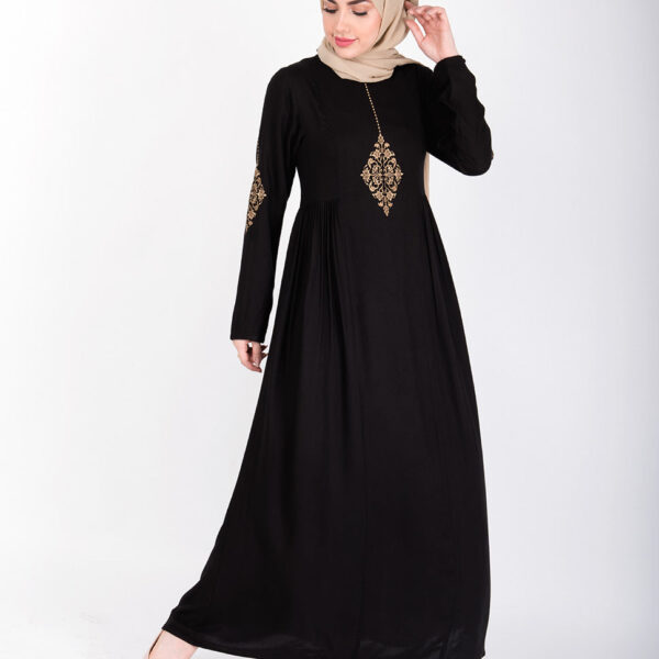 Front view of black gold diamond embroidery abaya – modest abaya design