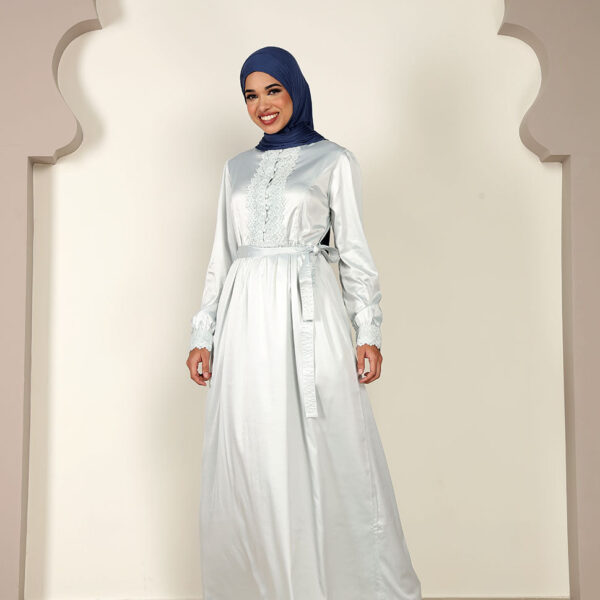 Front view of sage green laced maxi dress – modest abaya design
