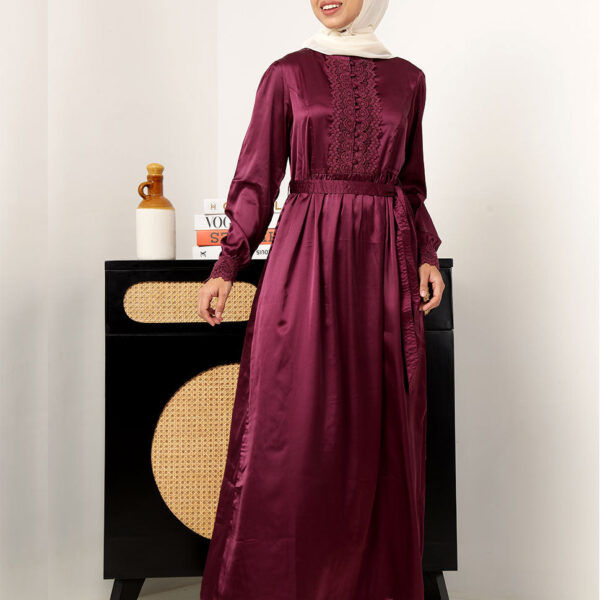 Front view of royal maroon laced maxi dress – modest abaya design