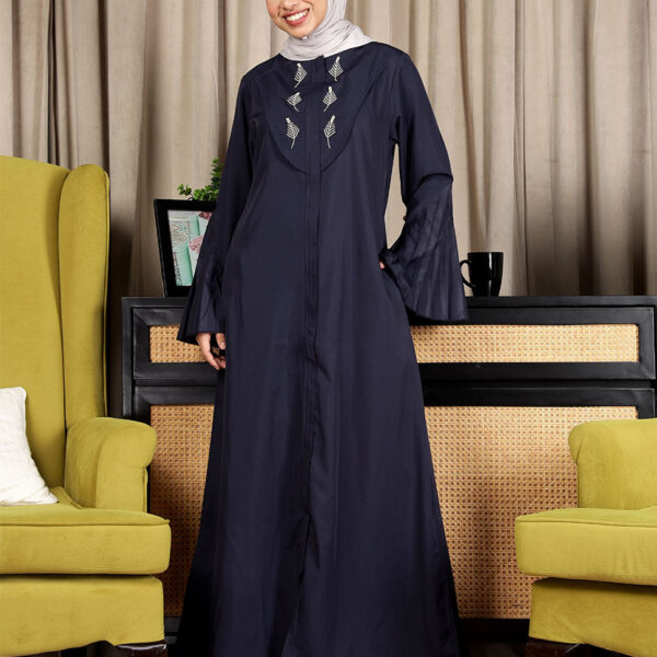 Front view of navy grandeur flared sleeves abaya – modest abaya design